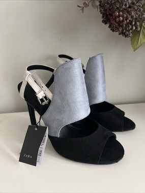 Zara Black, Silver and Cream Open-Toe Slingback Heels